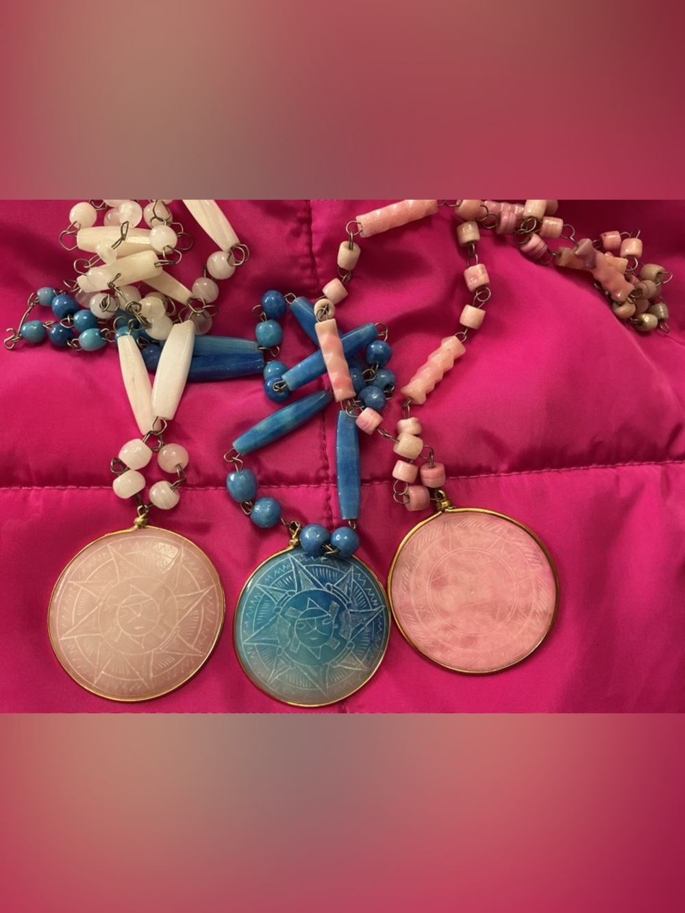Vintage Blue and Pink Beaded Sun Pendant Necklace